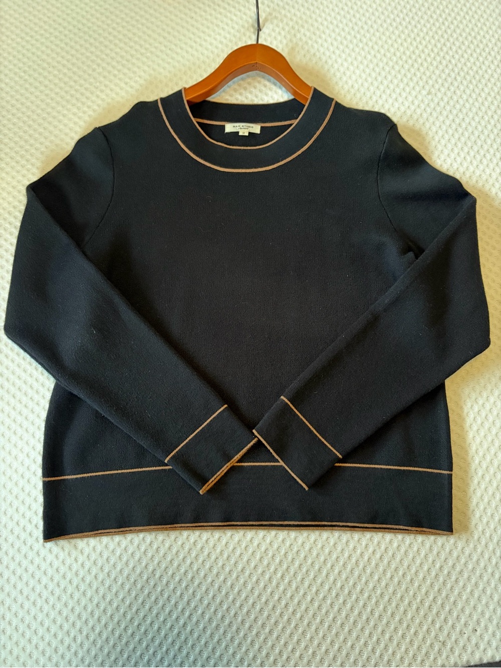 Max Studio Black Crewneck Sweater with Tan Contrast Trim